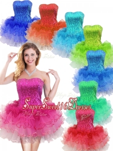 Colorful Strapless Short Quinceanera Dama Dresses with Sequins and Ruffles