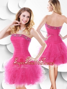 Luxurious Strapless Hot Pink Quinceanera Dama Dresses with Beading and Ruffles