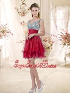 Wonderful Straps Sequins and Ruching Quinceanera Dama Dresses in Wine Red