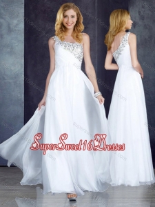 Custom Fit Empire One Shoulder Beaded White Dama Dresses for 2016