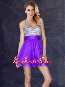 New Arrivals Chiffon Backless Short Dama Dresses in Purple for 2016