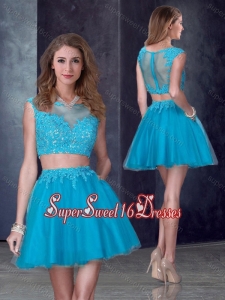 Two Piece Short Bateau Teal Dama Dresses with Appliques for 2016