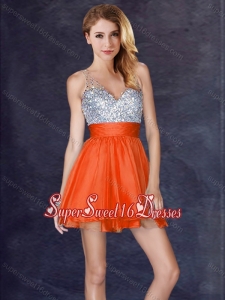 New Style Backless Orange Red Short Dama Dresses with Sequins