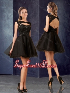 Pretty Open Back Bateau Black Dama Dresses with Lace and Belt