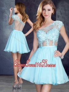 Cheap See Through One Shoulder Applique Dama Dress in Aqua Blue