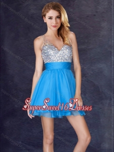 Hot Sale Backless Chiffon Baby Blue Short Dama Dress with Sequins