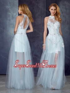Short Inside Long Outside High Neck Light Blue Dama Dress with Appliques and Beading