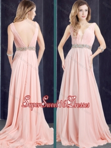 Cheap Chiffon Belted with Beading Dama Dress with Deep V Neckline