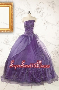 2015 Discount Purple Strapless Appliques Quinceanera Dresses