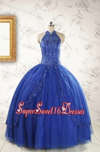 2015 HalterTop Appliques and Beading Dresses For 15 in Royal Blue