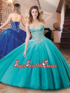 Lovely Big Puffy Tulle Aqua Blue Quinceanera Dress with Beading