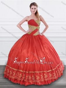 Latest Beaded and Applique Taffeta Quinceanera Dress in Red and Gold