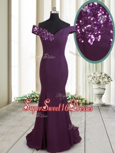 Classical Mermaid Off the Shoulder Brush Train Sequined Dama Dress in Dark Purple