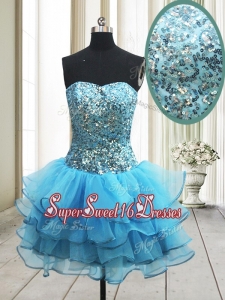 Popular Zipper Up Baby Blue Short Dama Dress with Sequins and Ruffled Layers