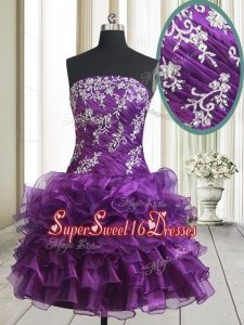 Pretty Strapless Organza Purple Short Dama Dress with Beading and Ruffled Layers