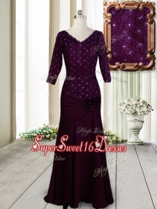Classical V Neck Beaded and Laced Dark Purple Dama Dress with Half Sleeves