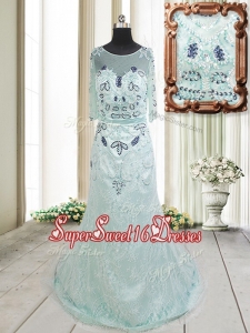 Top Seller See Through Scoop Beaded and Laced Apple Green Dama Dress with Brush Train