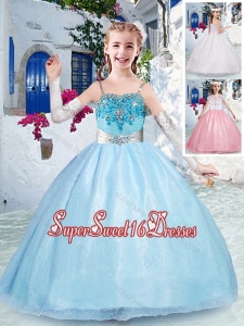 Beautiful Spaghetti Straps Light Blue Little Girl Pageant Dress with Beading
