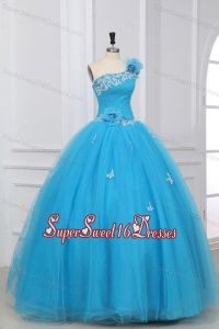 Appliques and Hand Made Flowers One Shoulder Quinceanera Dress in Aqua Blue