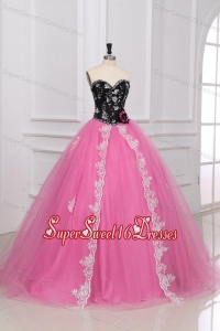 Beading and Appliques Sweetheart Tulle Quinceanera Dress in Black and Rose Pink