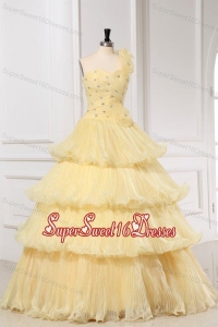 Light Yellow One Shoulder A-line Quinceanera Dress with Beading and Pleats
