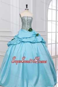 Light Blue Strapless Sequins and Taffeta Flowers Quinceanera Dress