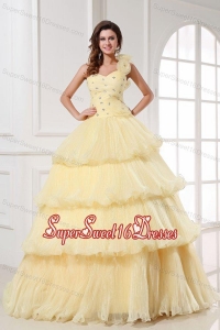 Light Yellow One Shoulder Beading and Pleats A-line Quinceanera Dress