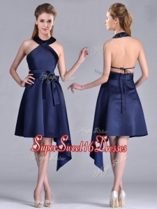 2016 Elegant Halter Top Asymmetrical Navy Blue Dama Dress in Satin