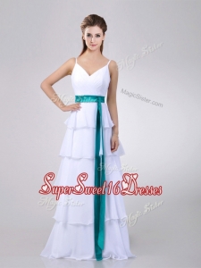 2016 Lovely White Dama Dress with Ruffled Layers and Turquoise Belt