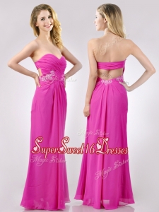 Cheap Sweetheart Backless Beaded and Ruched Dama Dress in Hot Pink