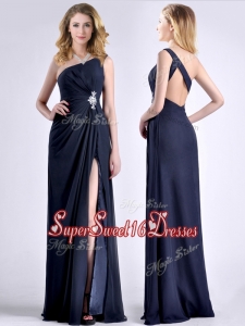 Cheap One Shoulder Navy Blue Dama Dress with Beading and High Slit