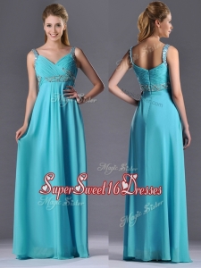 Cheap Empire Aqua Blue Long Dama Dress with Beading and Ruching