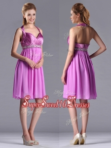 Cheap Halter Knee-length Beaded Short Dama Dress in Lilac