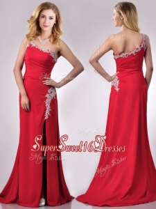 New Style Beaded Decorated One Shoulder and High Slit Dama Dress with Brush Train