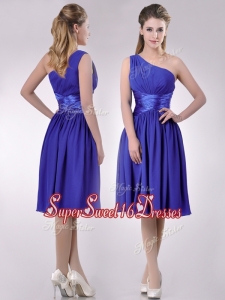 New Style One Shoulder Chiffon Blue Dama Dress with Side Zipper