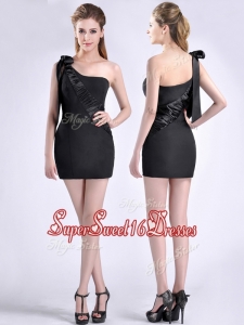 New Style Column One Shoulder Bowknot Black Dama Dress in Satin