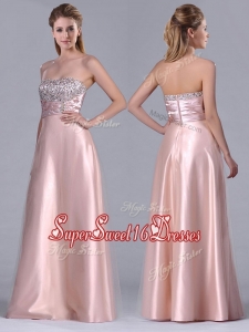 New Style Strapless Peach Long Dama Dress with Beaded Bodice