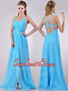 New Style Straps Criss Cross Beaded Long Dama Dress in Baby Blue