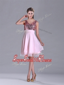 New Style V Neck Sequined Decorated Bodice Dama Dress in Baby Pink