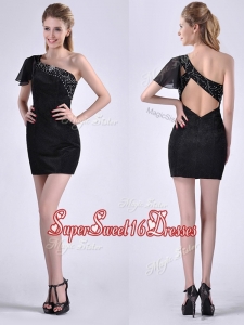 Best One Shoulder Black Dama Dress with Beaded Decorated Criss Cross