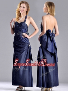 New Style Beaded Decorated Halter Top Dama Dress in Navy Blue