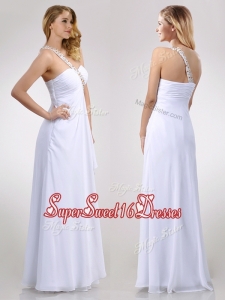 New Style Empire Chiffon Beaded Side Zipper White Dama Dress with One Shoulder