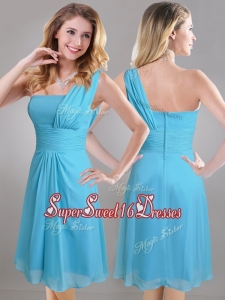 New Style One Shoulder Ruched Chiffon Dama Dress in Aqua Blue
