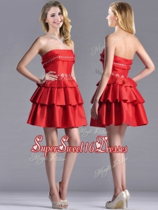 New Style Red Strapless Dama Dress with Ruffled Layers and Beading