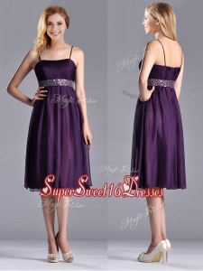 New Style Spaghetti Straps Beaded Chiffon Short Dama Dress in Purple