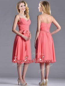 New Style Spaghetti Straps Watermelon Dama Dress with Ruching and Bowknot