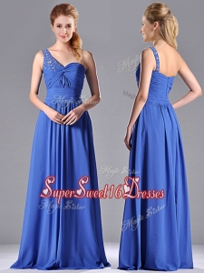 New Style Chiffon Beading and Ruching Blue Dama Dress with One Shoulder