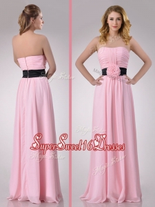 New Style Empire Chiffon Pink Long Dama Dress with Hand Crafted Flower