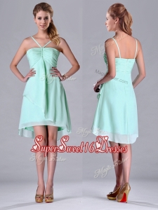 New Style Empire Straps Apple Green Ruching Short Dama Dress in Chiffon