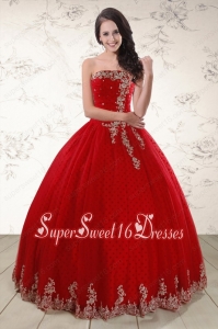 Elegant Red Strapless 2015 Quinceanera Dresses with Appliques